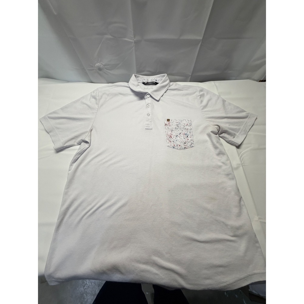 TravisMathew Mens White Paint Splatter Pocket Polo Shirt Size Large Short Sleeve